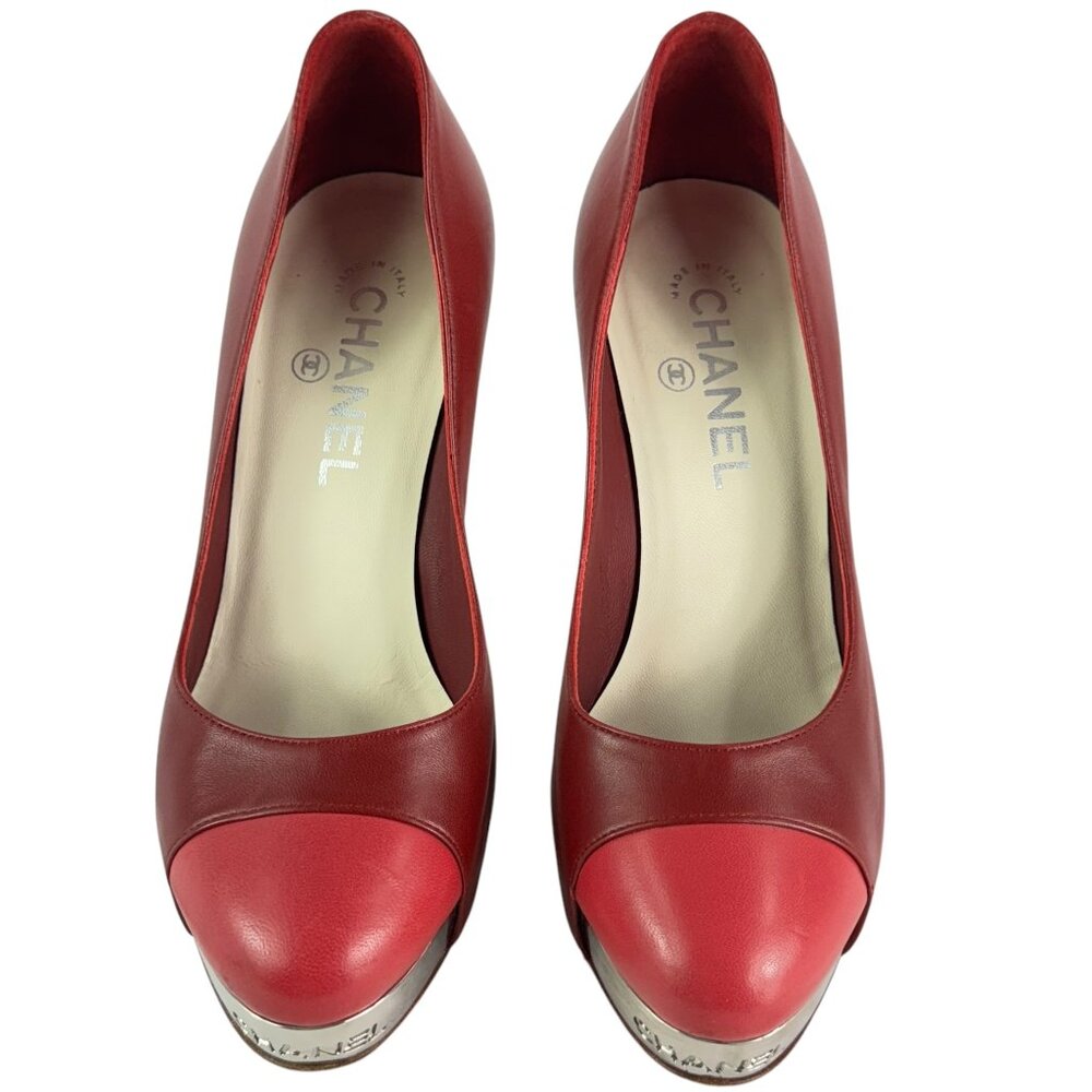 CHANEL Burgundy Pink Leather CC Cap Toe Block Heel Pumps Made in Italy 37-7US